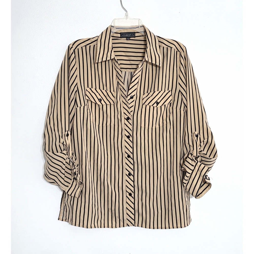Elementz Women's Beige Black Striped Blouse Roll Tab Sleeve Pockets